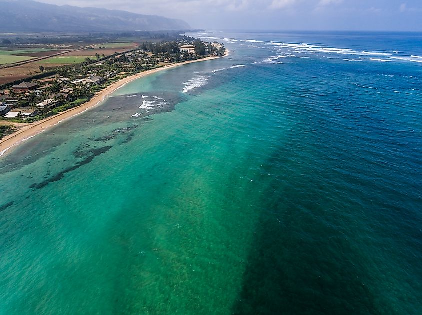 Aerial view of Waialua town on the north shore of Oahu Hawaii