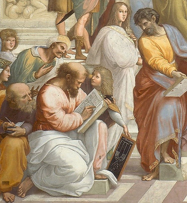 In Raphael's fresco The School of Athens, Pythagoras is shown writing in a book as a young man presents him with a tablet showing a diagrammatic representation of music theory on a lyre above a drawing of the sacred tetractys.