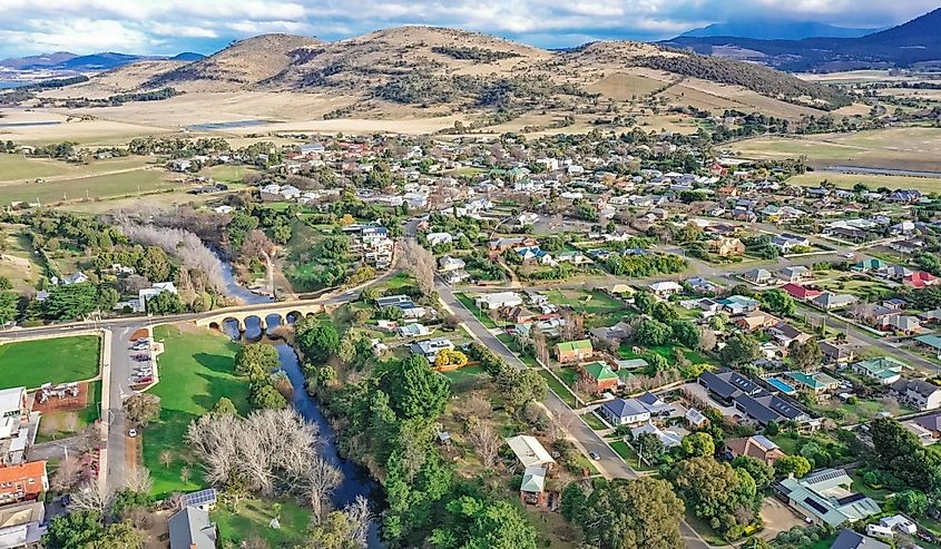 Aerial view of the historic village of Richmond near Hobart in Tasmania, Australia