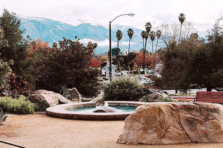 Downtown Ojai, California after a winter snow in the mountains.