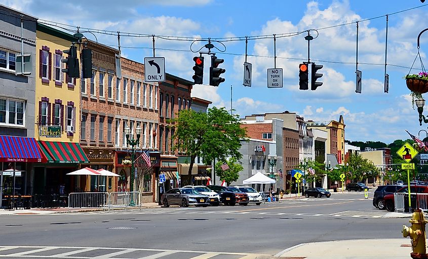 Street view. Auburn is a city at the north end of Owasco Lake, one of the Finger Lakes, in Central New York, via PQK / Shutterstock.com