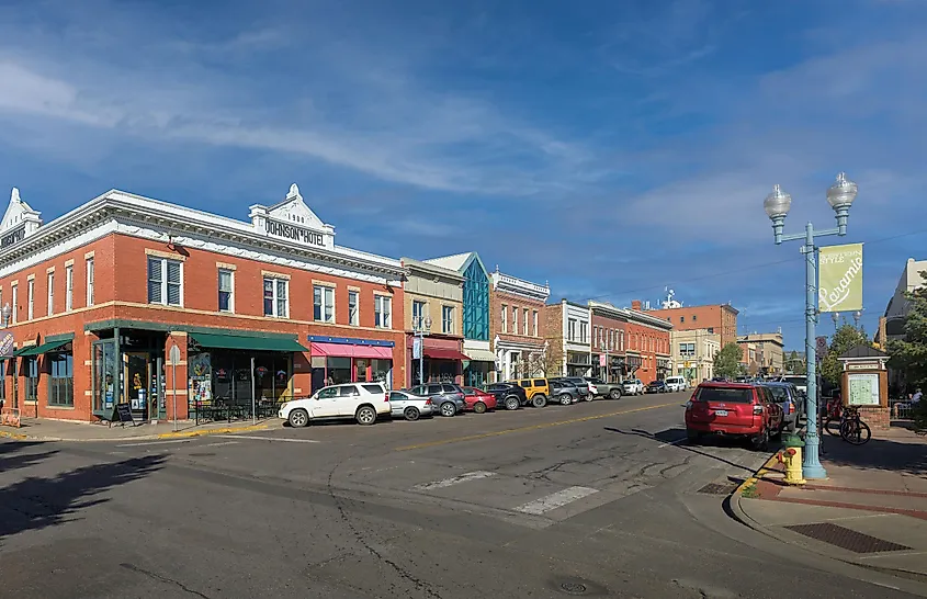 Panoramic view of downtown Laramie from the intersection of 1st Street and Grand Avenue.