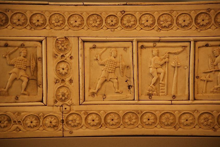 A 10th-12th century ivory relief of Byzantine swordsmen at the Bode Museum in Berlin, Germany.