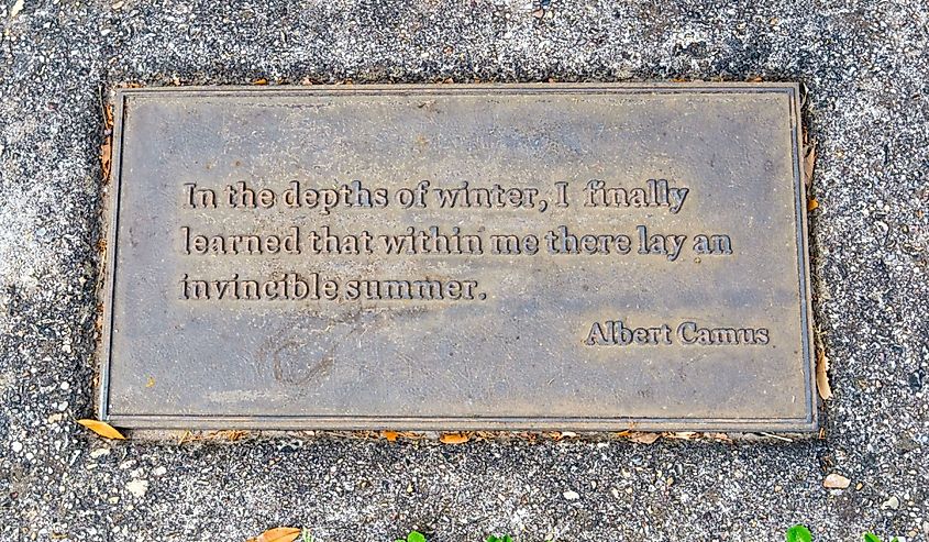 Inspiration quotation of noted philosopher, Albert Camus, on a sidewalk plaque