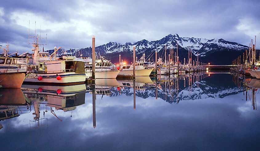 Boats on Smooth Resurrection Bay Seward Alaska Harbor Marina