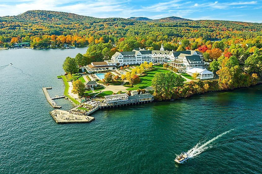 Fall foliage by Lake George at sunset