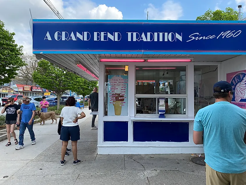 A nostalgic ice cream stall with text reading "A Grand Bend Tradition"