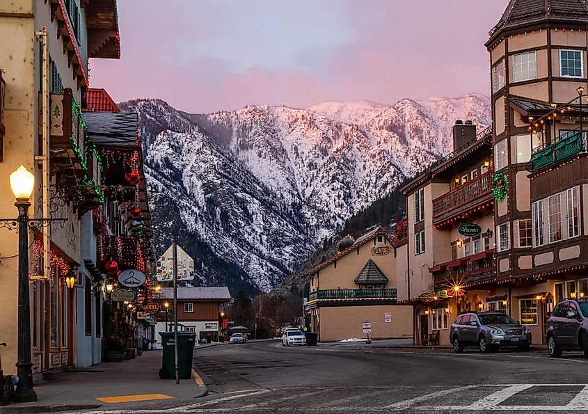 Leavenworth, Washington, USA, February 1, 2020, Decorated with lights for the winter holidays, via Mark A Lee / Shutterstock.com