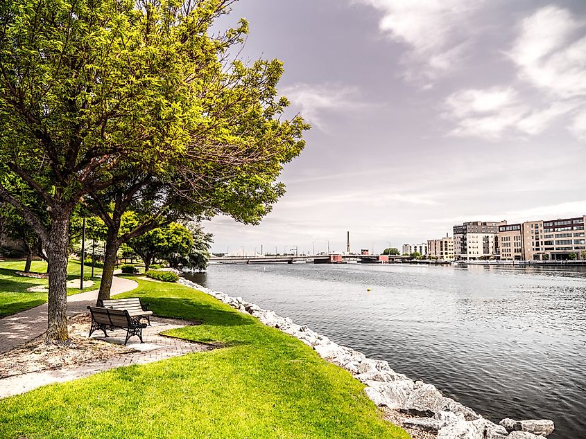 Beautiful landscape scenery shot along the Fox River just after sunrise in Green Bay, Wiscosin.