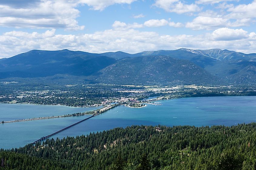 View of Lake Pend Oreille and the town of Sandpoint, Idaho, from the top of the mountain