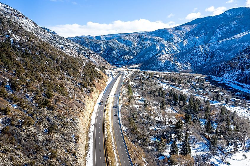 Aerial view of the scenic Interstate-70 highway in Glenwood Springs, Colorado