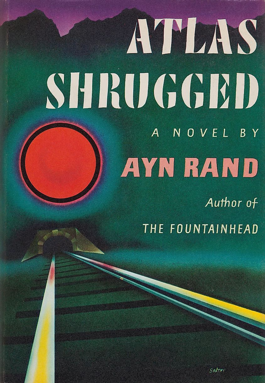 Cover design from the first-edition dust jacket of the 1957 novel "Atlas Shrugged" by Russian-American writer Ayn Rand.