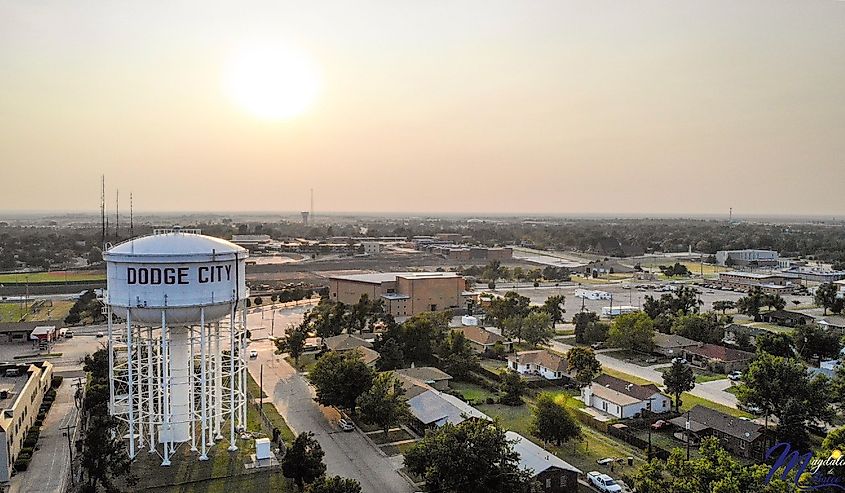 Water tower in downtown afternoon Dodge City, Kansas.