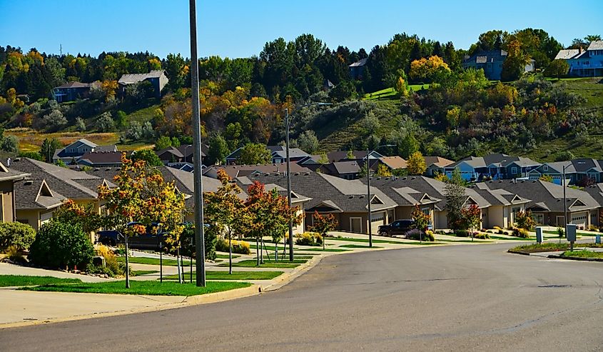 Modern homes line the streets of this comfortable neighborhood in growing Bismarck, North Dakota.