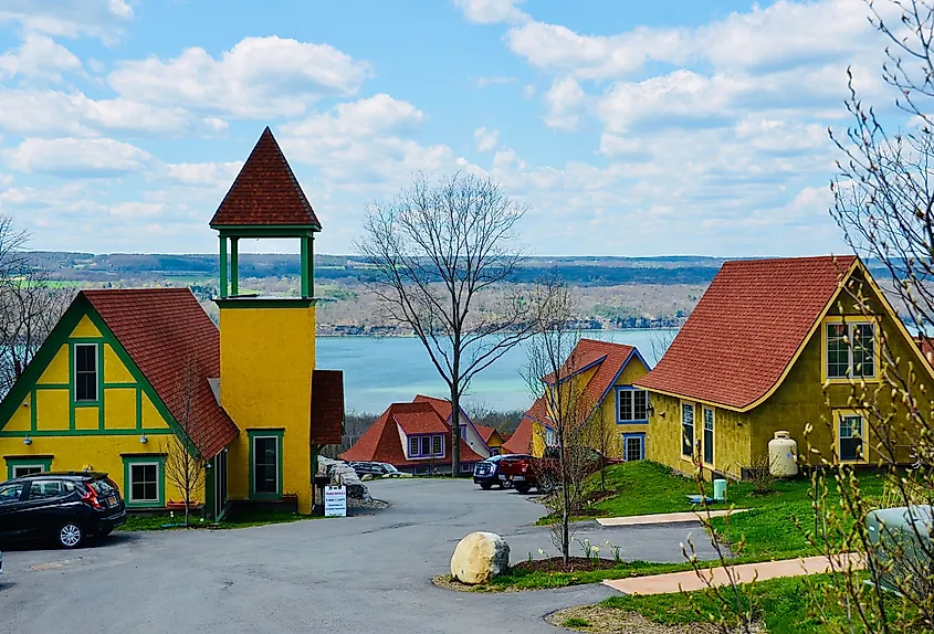 Beautiful lakefront color houses, Watkins Glen, New York.