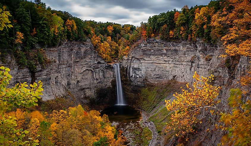 A scenic, autumn view of Taughannock Falls, Taughannock Falls State Park near Ithaca, New York.