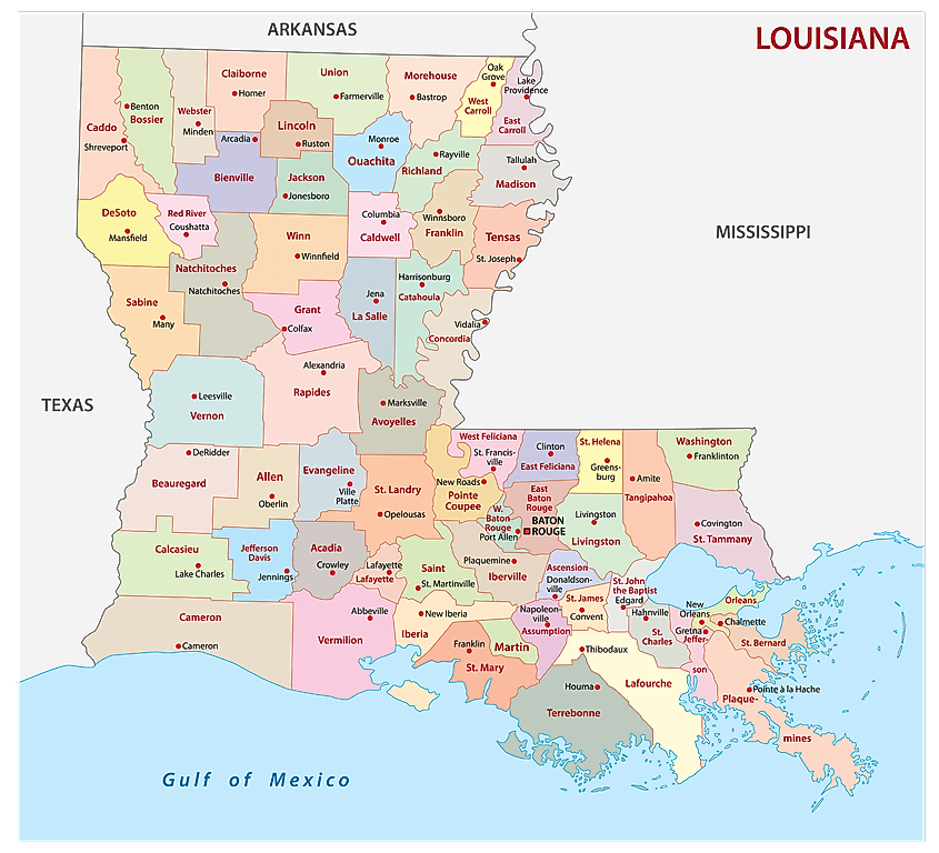 Map showing the 64 parishes of Louisiana