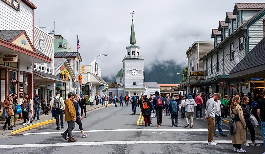 View of the historic Main Street in Sitka, Alaska.