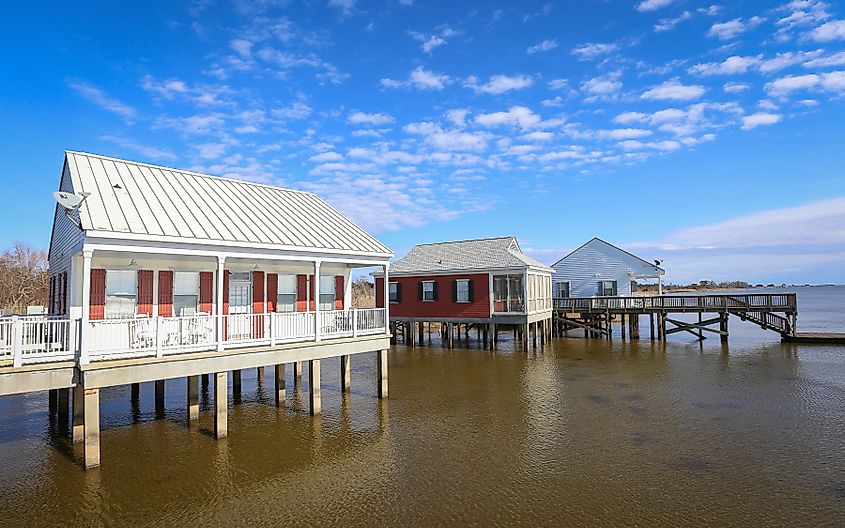 Rental cabins overlooking Lake Pontchartrain in Fontainebleau State Park, Mandeville, Louisiana.