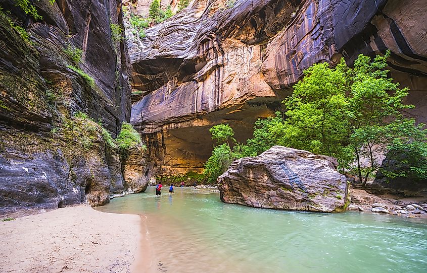 Visitors exploring the slot canyons of the Zion National Park, Utah.