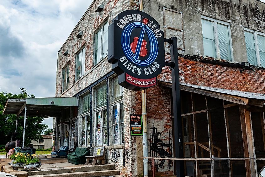 The facade of the famous Ground Zero Blues Club in Clarksdale, Mississippi.