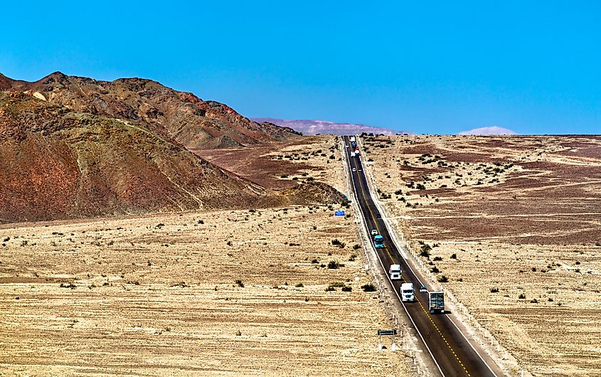 View of the South Pan-American highway in the desert at Nazca in Peru.