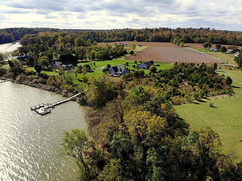 The aerial view of the boat dock and neighborhood near Currioman Bay, Montross, Virginia, U.S.A.