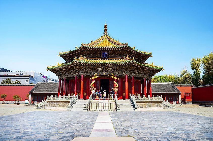 The Imperial Palace of The Qing Dynasty in Shenyang (Mukden Palace). Text on plaque translate into Enligh is Dazheng Hall. It is UNESCO World Heritage Site, built in 1625. located in Shenyang, China.