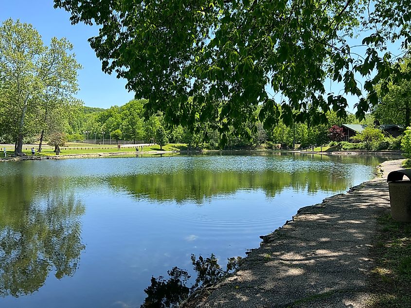 A tranquil view across the pond at Coonskin Park