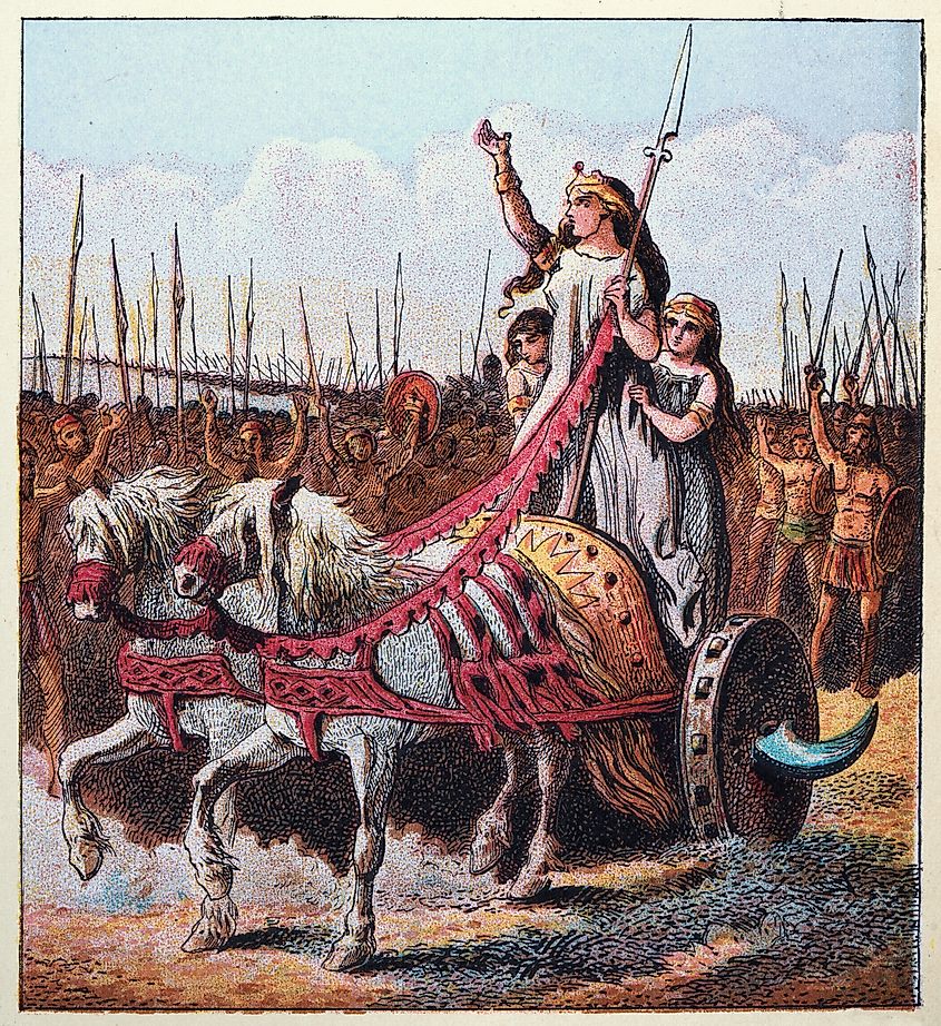 Queen Boudica or Boudicca, in her chariot, with her army