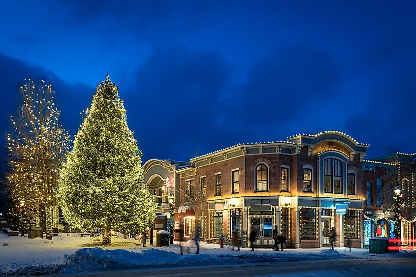 Breckenridge Colorado Main Street Night Time Holiday Lights at Blue Hour.