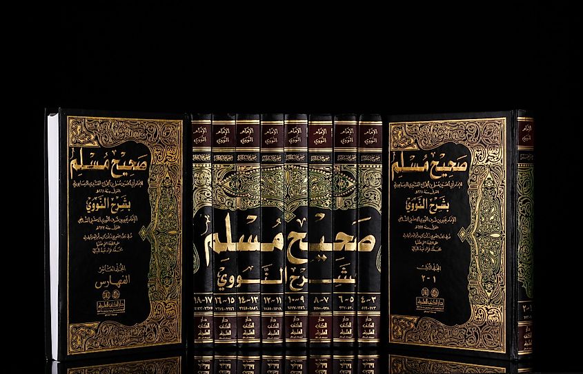 Sahih Muslim books. It is a collection of hadith compiled by Imam Muslim ibn al-Hajjaj al-Naysaburi. It contains roughly 7500 hadith (with repetitions) in 57 books, via yebemoto / Shutterstock.com
