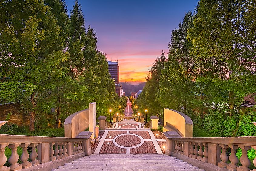 Lynchburg, Virginia, downtown from Monument Terrace at dawn.