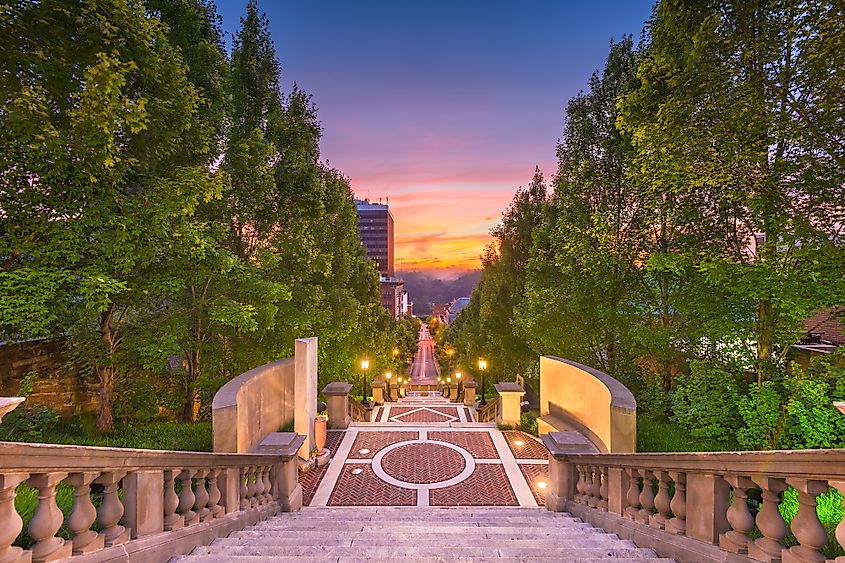 Lynchburg, Virginia, USA downtown from Monument Terrace at dawn.