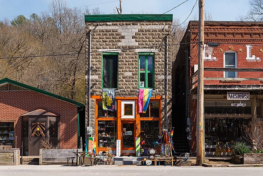 Downtown building and storefront in Makanda, Illinois, USA.