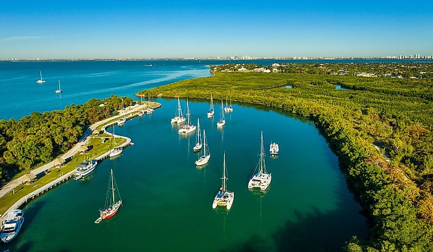 Aerial view of boats in Key Biscayne, Miami