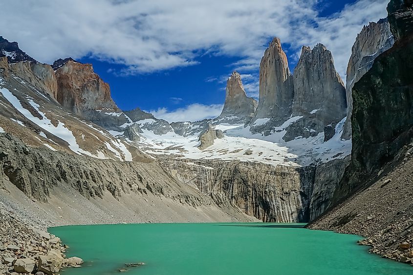 Green lake in the mountains of Torres del Paine in Patagonia, Chile