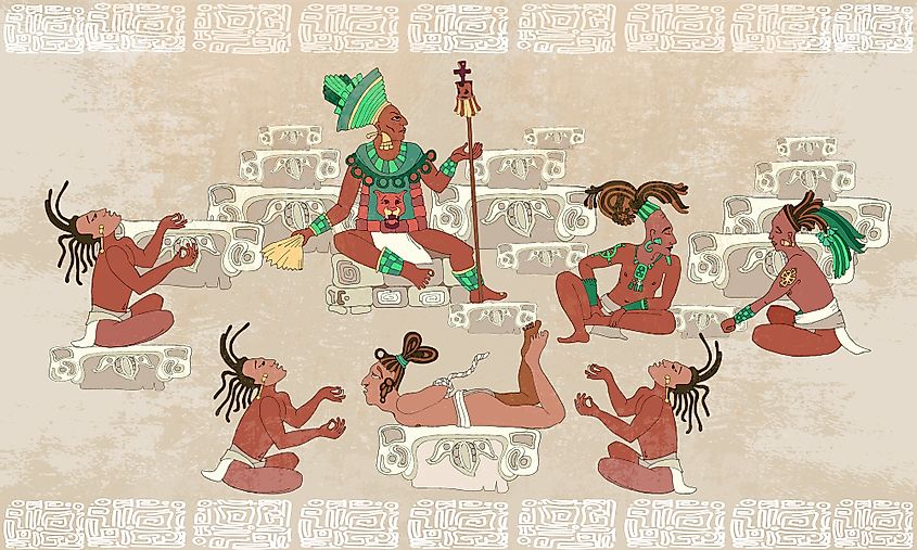 A sacrificial scene during a Mayan ritual. 