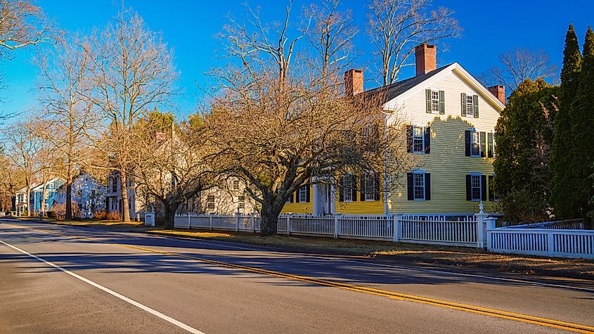 Madison Green Historic District with Landmark Buildings and Architecture in Madison Downtown, Connecticut, USA.