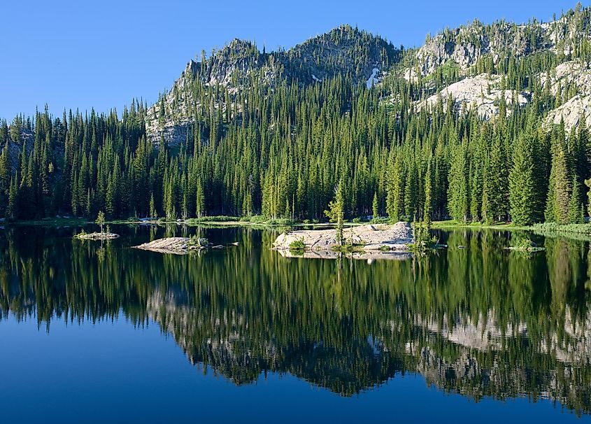 The beautiful Cascale Lake bordered by pine forests near Cascade, Idaho.