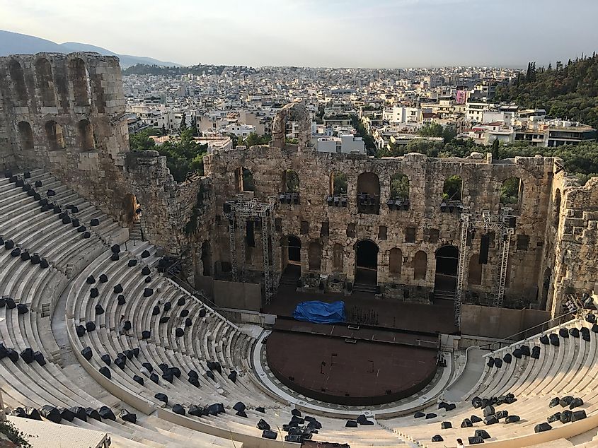 The Theater of Dionysus. The many rows of the historic amphitheater are viewed from above.  