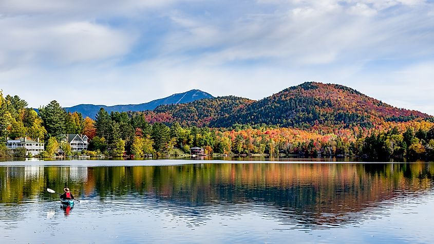 A panoramic view of Mirror Lake in Lake Placid, New York.