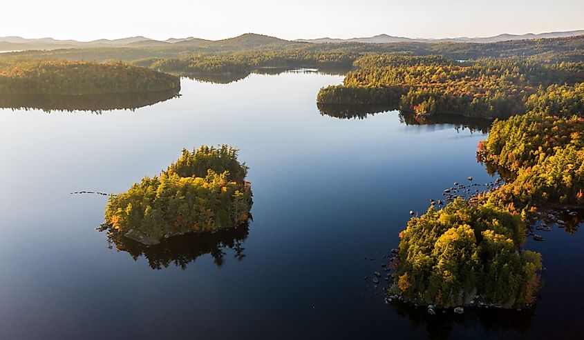 Drone image from Saranac Lakes, New York in the Adirondack mountains with beautiful lighting.