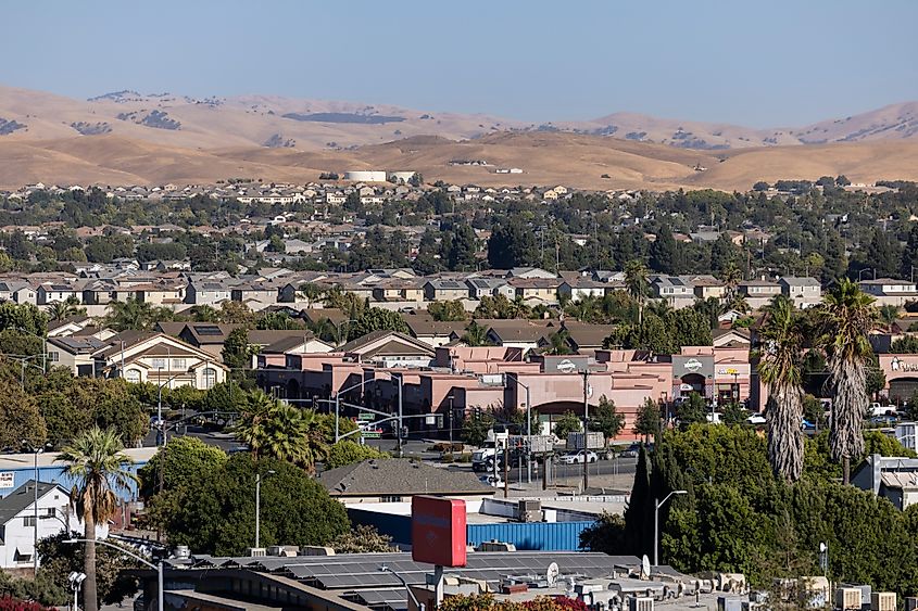 Commercial buildings and neighborhood housing Hollister, California.