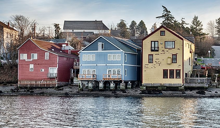 Three old buildings anchor the waterfront strip of downtown Coupeville on Whidbey Island in Washington State.