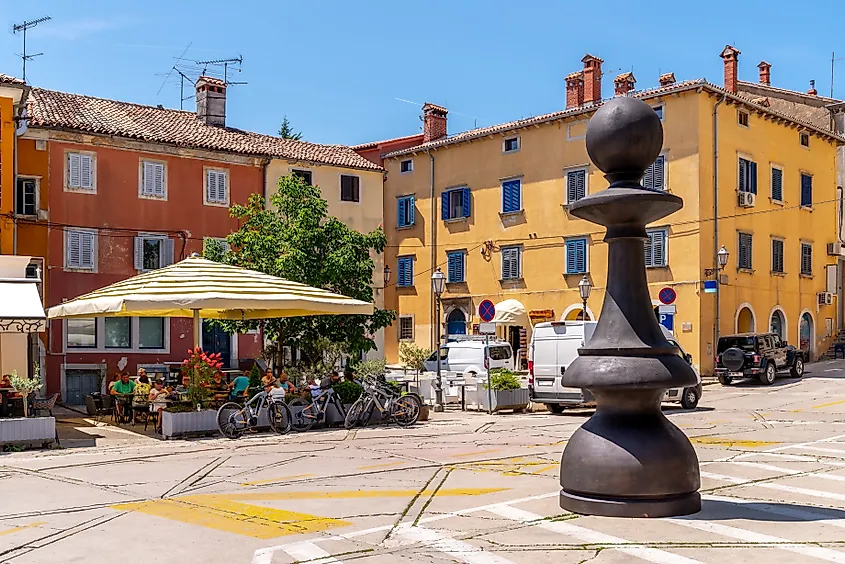 Marketplace of Labin with Bauer sculpture at daytime, Istria, Croatia.