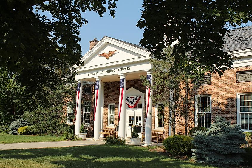 Ridgewood Public Library at 125 N Maple Ave, Ridgewood, New Jersey. Editorial use only.