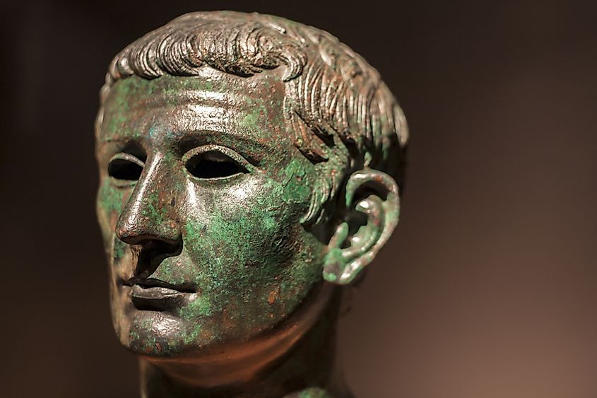 Roman head of bronze statue at National Archaeological Museum of Madrid