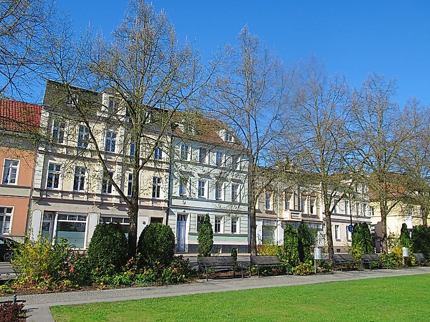 Renovated row of houses by the city park of Fürstenwalde, Germany.