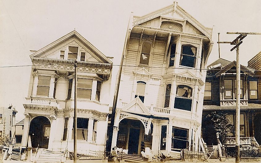 Damaged wood houses after the San Francisco Earthquake, April 18, 1906.
